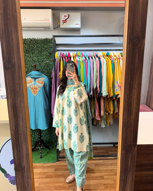 Sea green soft mul cotton kurta and pant set with printed work dupatta