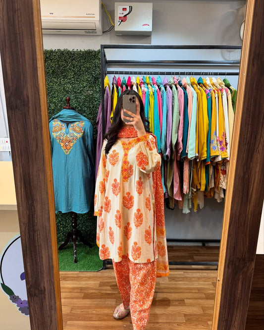 Orange soft mul cotton kurta and pant set with printed work dupatta