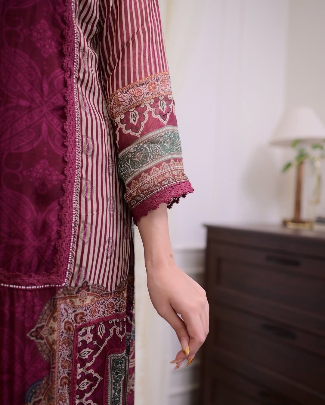 Magenta muslin silk kurta and pent set with digital printed dupatta