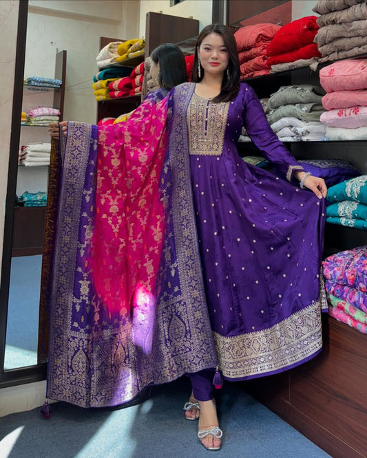 Purple soft banarasi silk kurta pant and dupatta set with zari weaving work