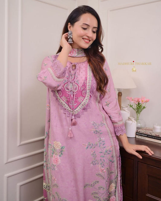 Lavender muslin silk kurta and pent set with printed and hand work dupatta
