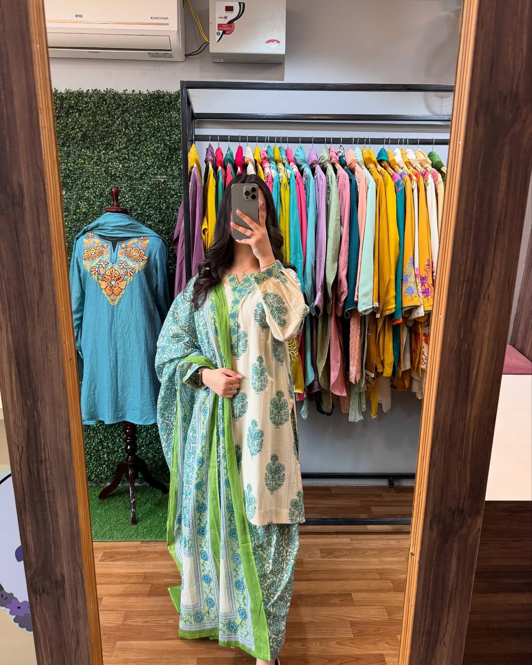 Sea green soft mul cotton kurta and pant set with printed work dupatta