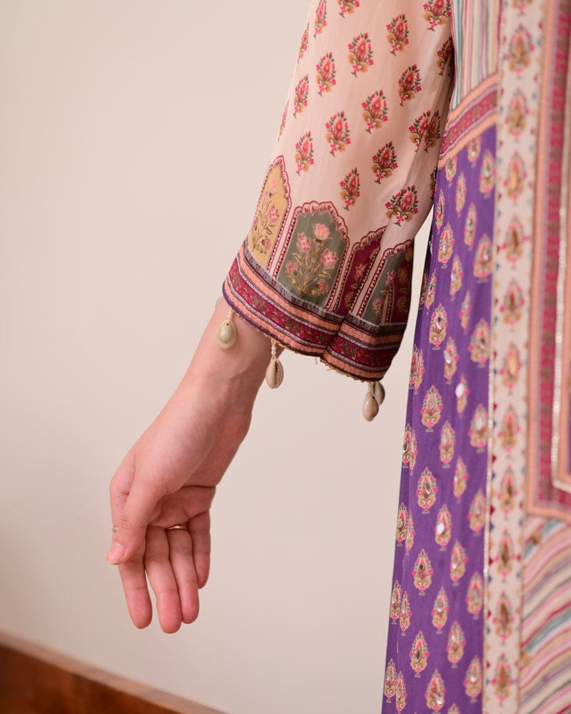 Beige and purple chinon silk kurta palazzo and dupatta set with printed and kodi work