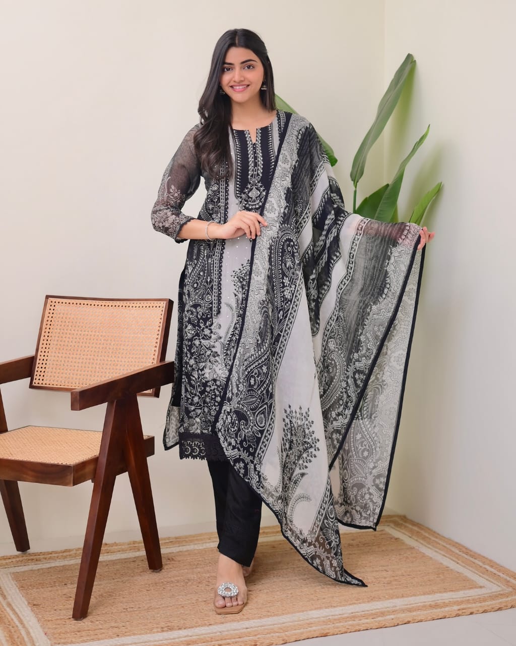 Black organza silk kurta and pent set with dupatta thread and sequence work