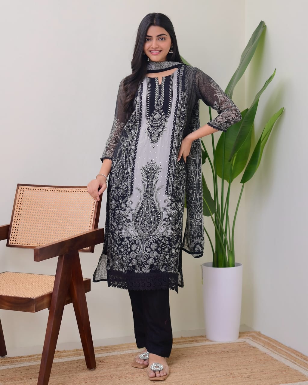 Black organza silk kurta and pent set with dupatta thread and sequence work