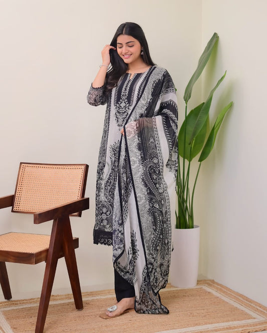 Black organza silk kurta and pent set with dupatta thread and sequence work