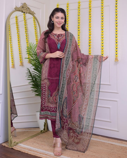 Magenta muslin silk kurta and pent set with digital printed dupatta