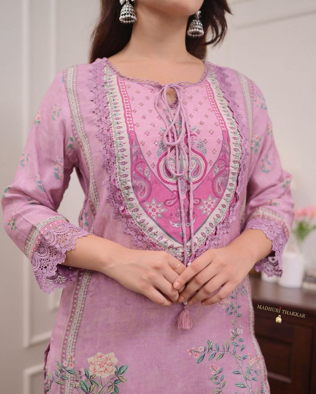 Lavender muslin silk kurta and pent set with printed and hand work dupatta