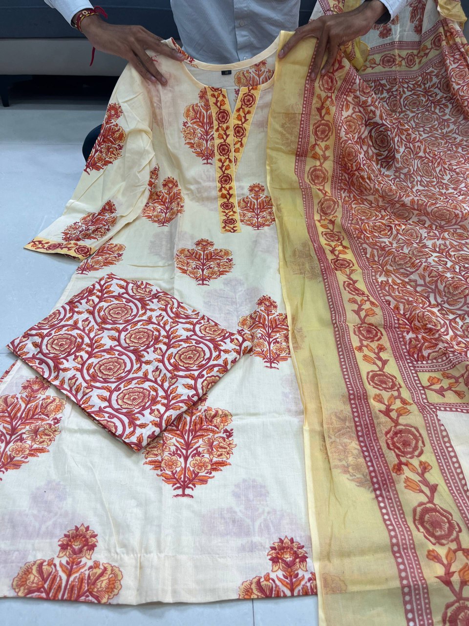 Orange soft mul cotton kurta and pant set with printed work dupatta