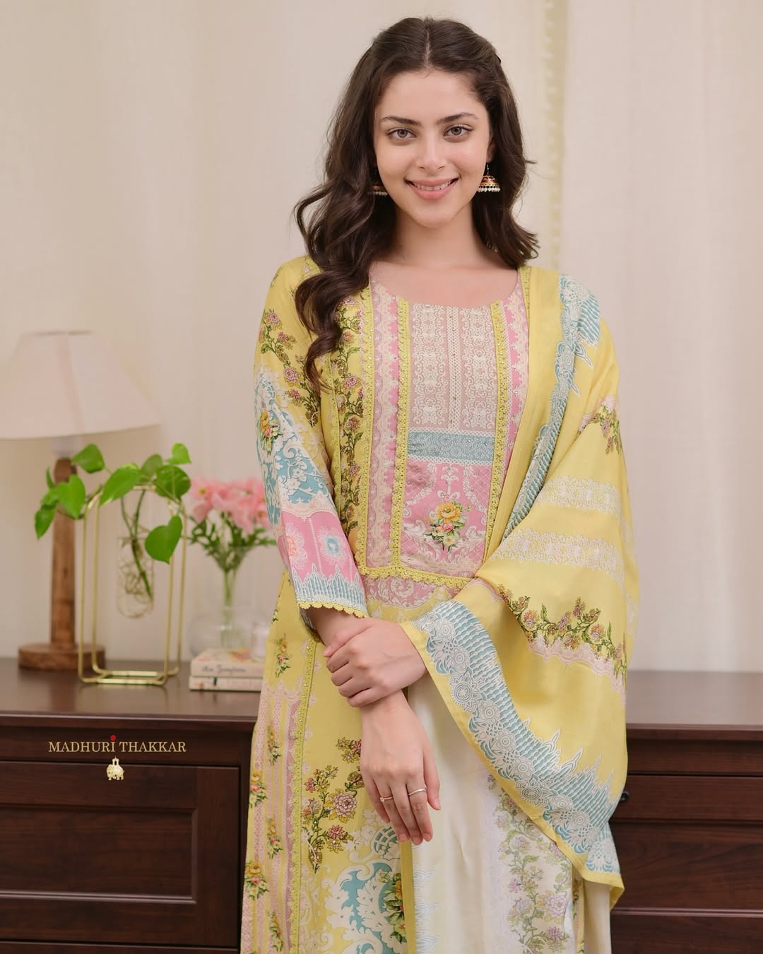 Yellow loom cotton kurta and pent set with digital printed and hand work dupatta