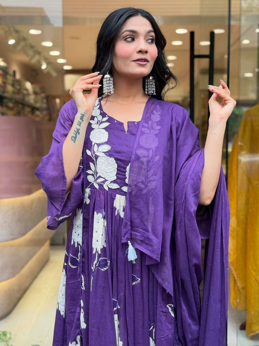 Purple soft mul cotton kurta and pant set with embroidery work dupatta