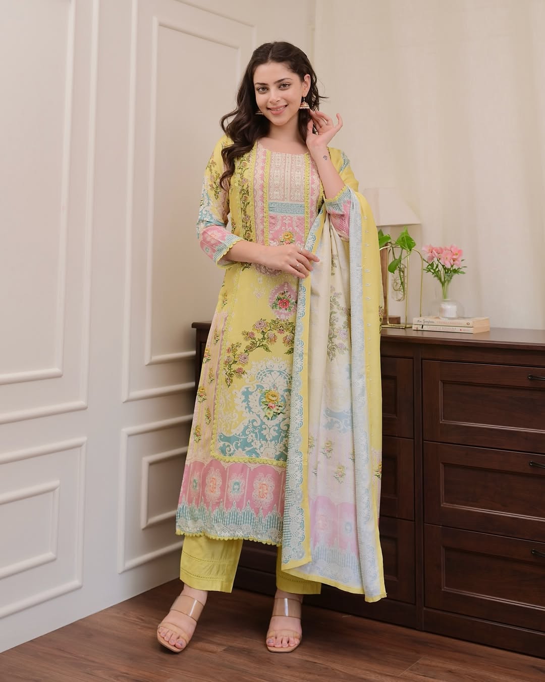Yellow loom cotton kurta and pent set with digital printed and hand work dupatta