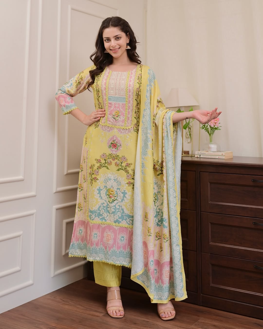 Yellow loom cotton kurta and pent set with digital printed and hand work dupatta