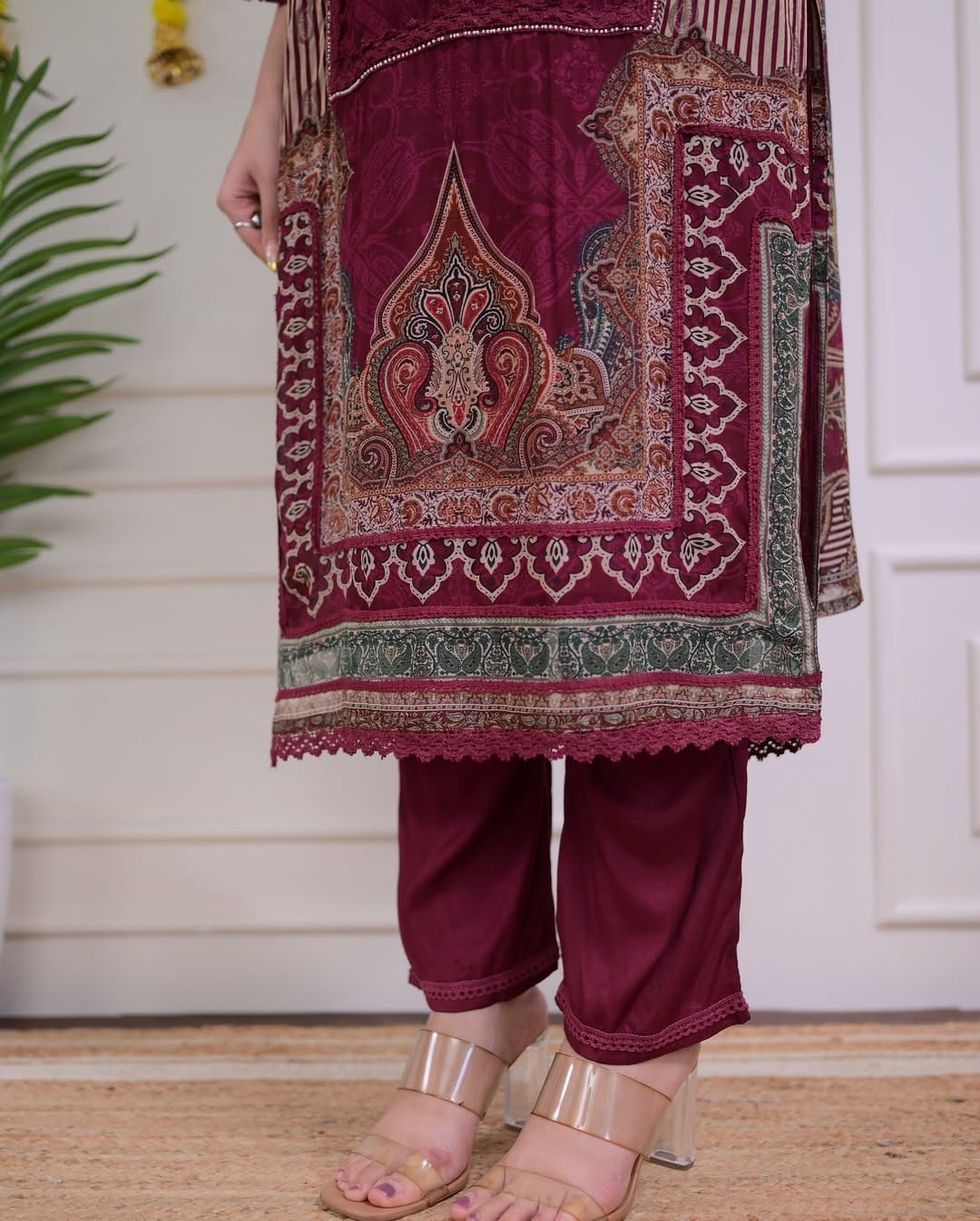 Magenta muslin silk kurta and pent set with digital printed dupatta
