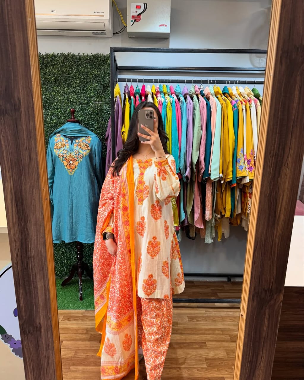 Orange soft mul cotton kurta and pant set with printed work dupatta