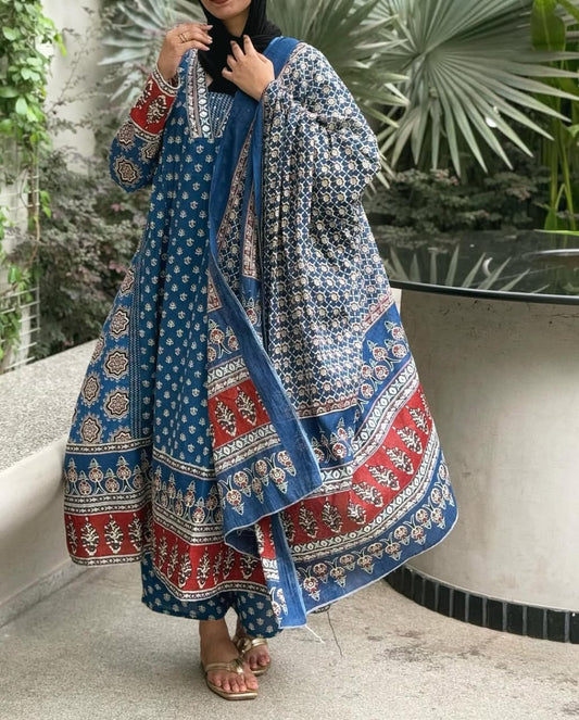 Blue soft mul cotton kurta and pant set with printed work dupatta