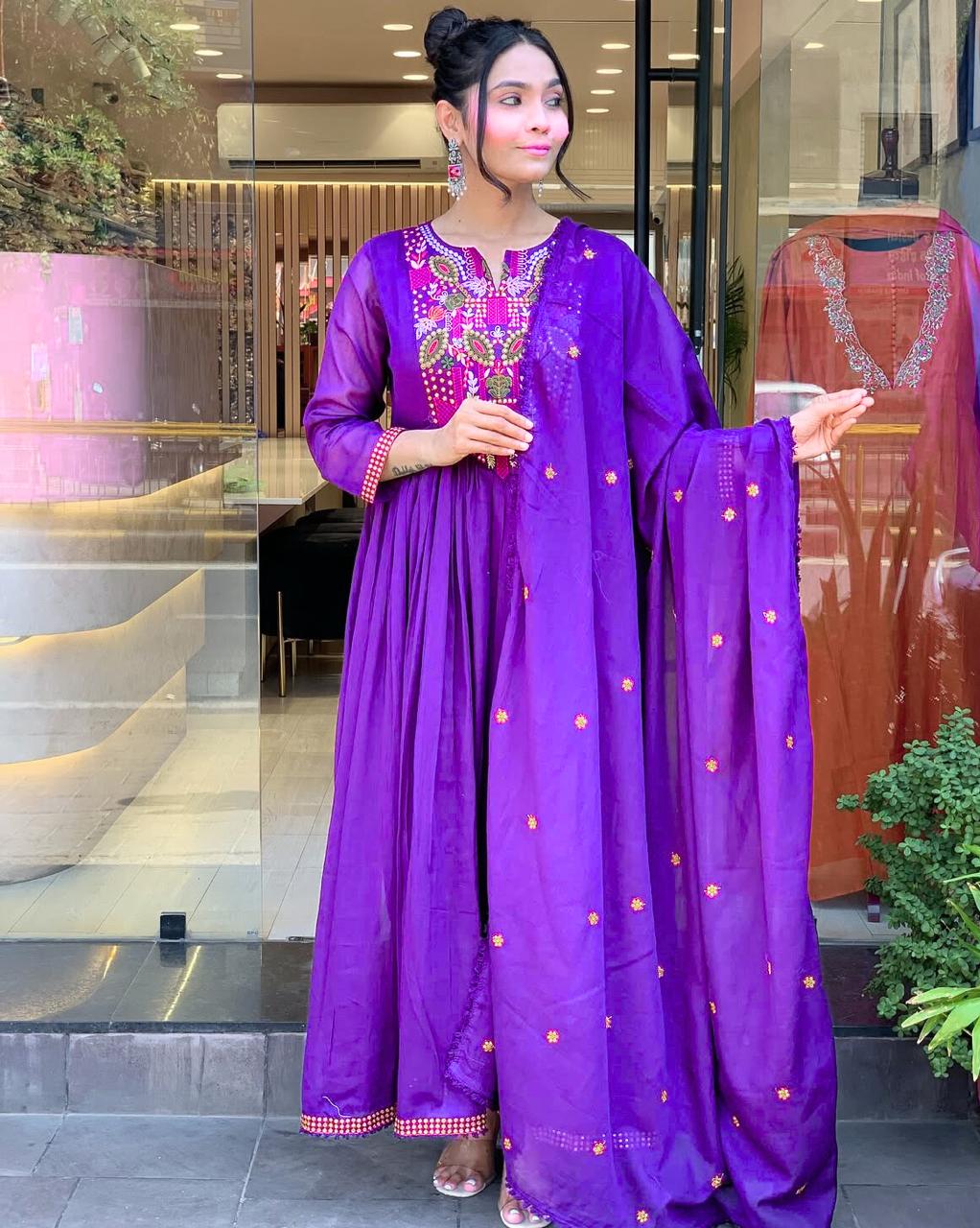 Purple soft mul cotton kurta and dupatta with embroidery work
