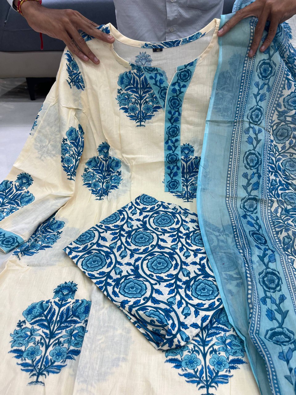 Sky blue soft mul cotton kurta and pant set with printed work dupatta