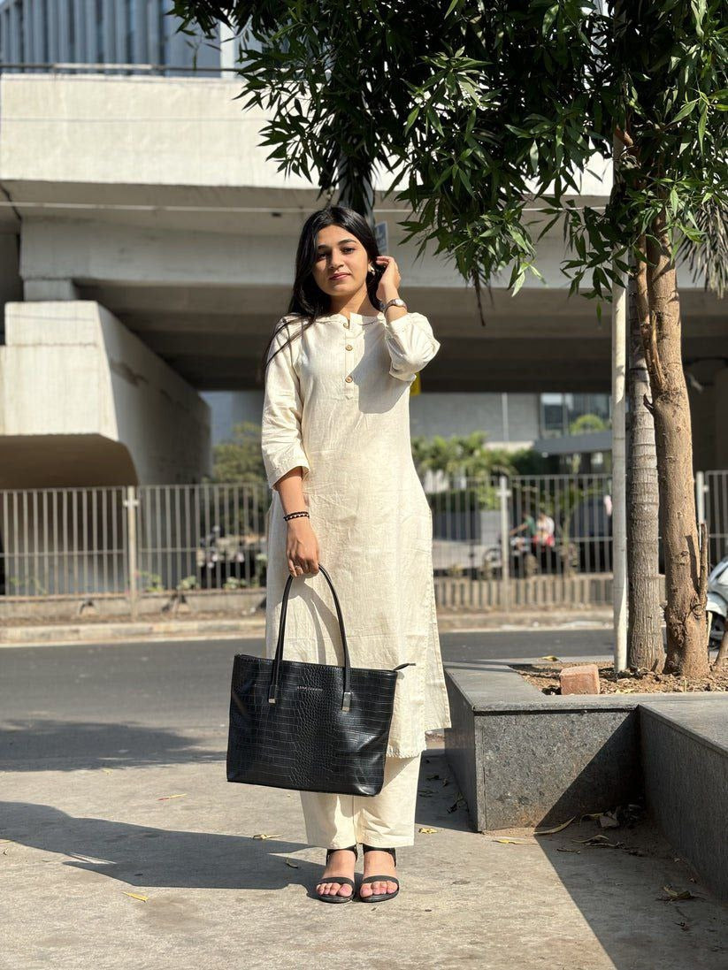 White pure khadi cotton kurta and pant set with button work