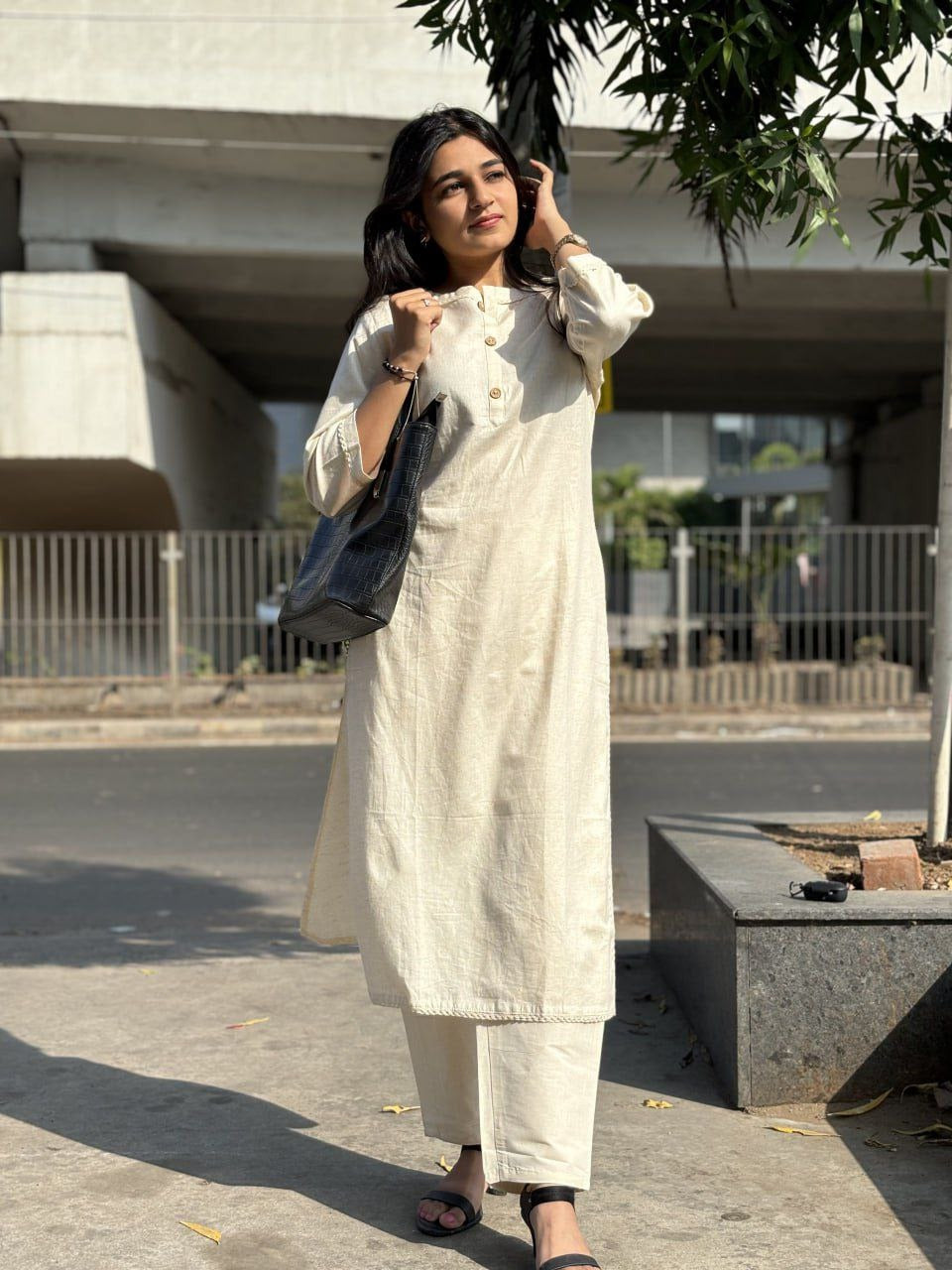 White pure khadi cotton kurta and pant set with button work