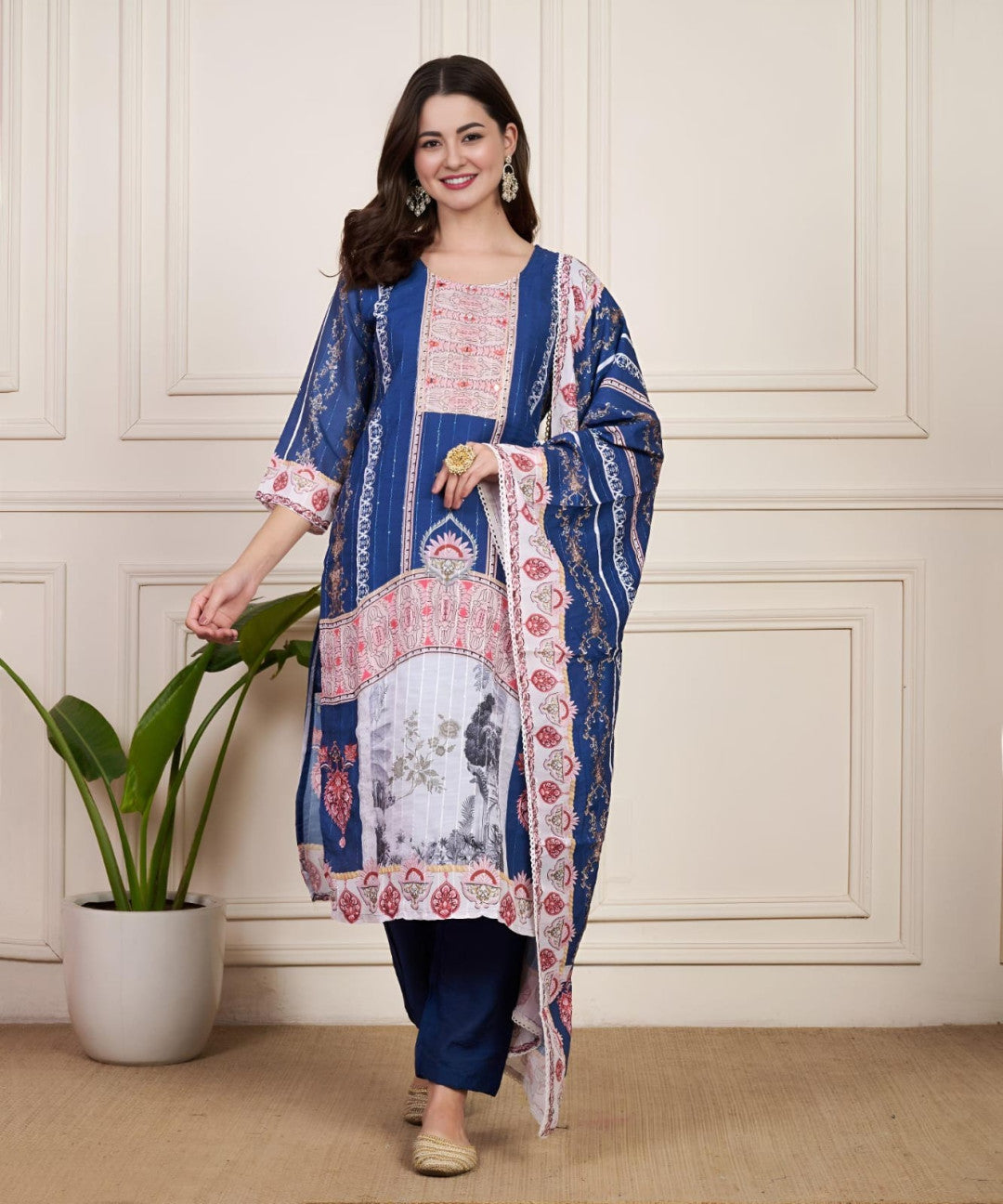 Navy blue muslin silk kurta and pent set with printed and embroidery work dupatta