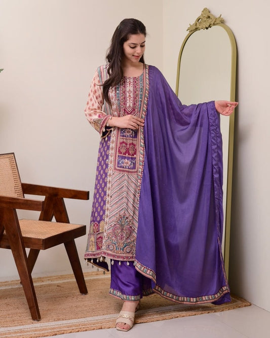 Beige and purple chinon silk kurta palazzo and dupatta set with printed and kodi work